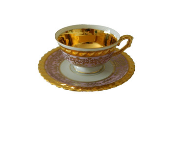 K & A KRAUTHEIM Selb Bavaria Small Coffee Cup Saucer Pink & Gold Germany US Zone