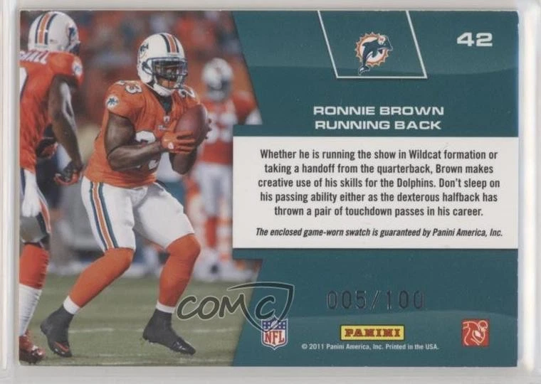 2011 Panini Prestige Prestigious Pros Green Materials /100 Ronnie Brown #42 - Image 2 of 2