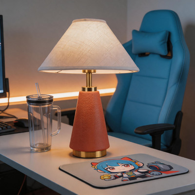 Orange Leather Wrapped Iron Table Lamp with Linen Shade for Minimalist Home