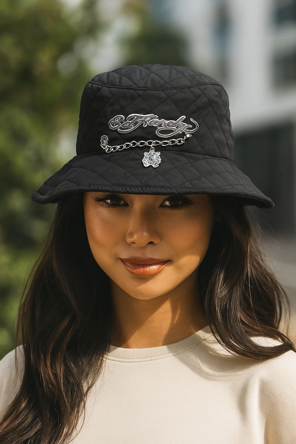 Ed Hardy Quilted Multi Charm Logo Bucket Hat With Tiger Charm / Flowers Etc.