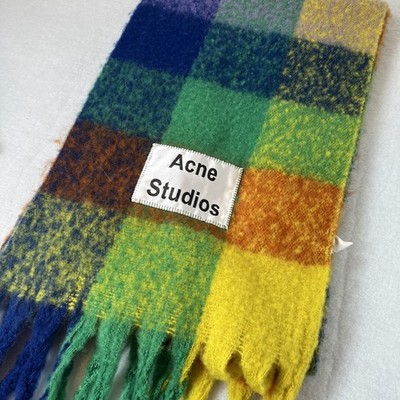 Acne Studios Check Multicolor Mohair Wool Blend Scarf Fringe Unisex Italy 250X35