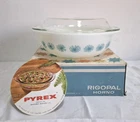 VINTAGE RIGOPAL PYREX TURQUOISE DAISY CASSEROLE HORNO ARGENTINA W/ LID BOX & TAG