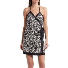 French Connection Linen Blend Wrap Halter Mini Dress Black Tan Size 2 NWT