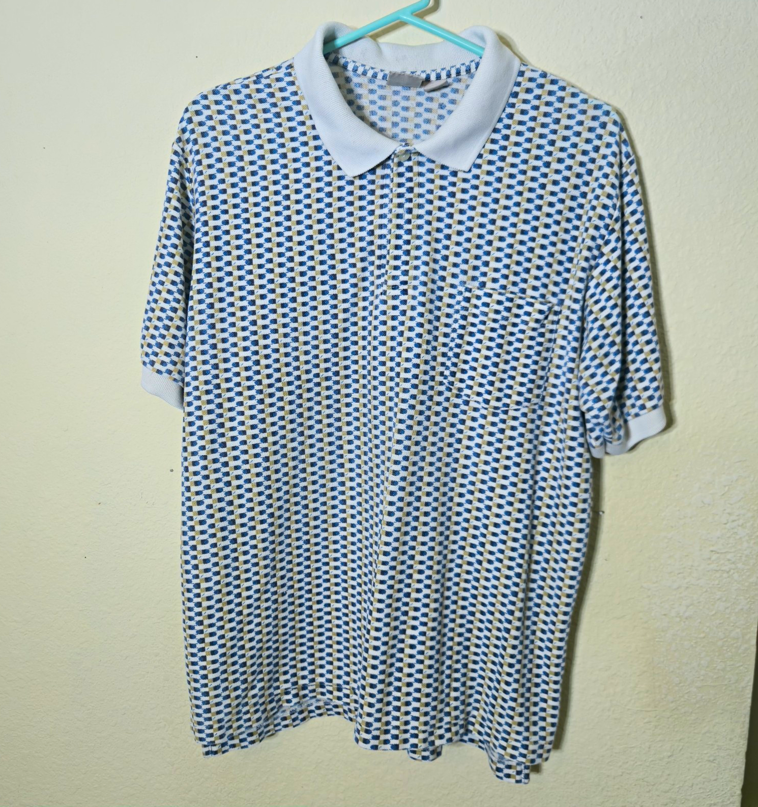 Vintage Windridge Mens XL Polo Shirt Blue Geometric Check Pocket Korea 80s 90s