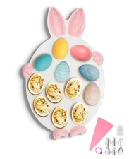 Bunny Deviled Egg Platter Holds 12 Eggs Dish, Easter Ceramic Deviled Egg Tray...