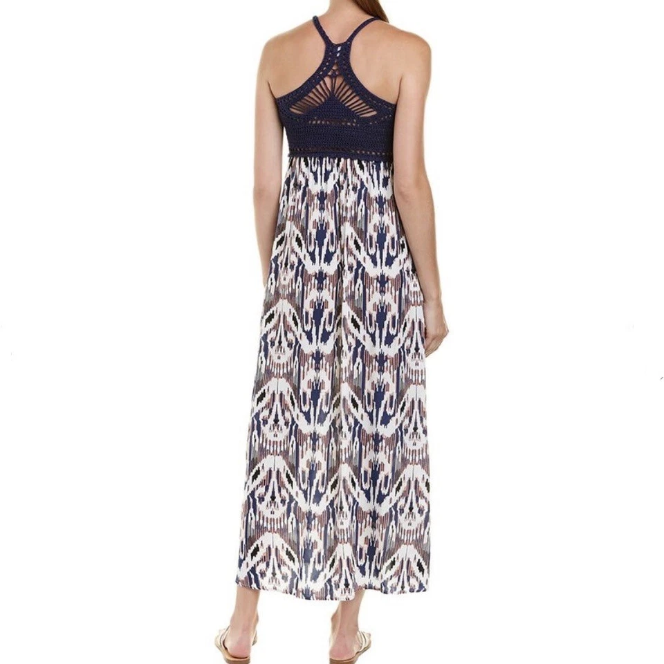 Vestido maxi Ella Moss azul marinho crochê Ikat aquarela boho longo bainha dividida XS - Imagem 3 de 4