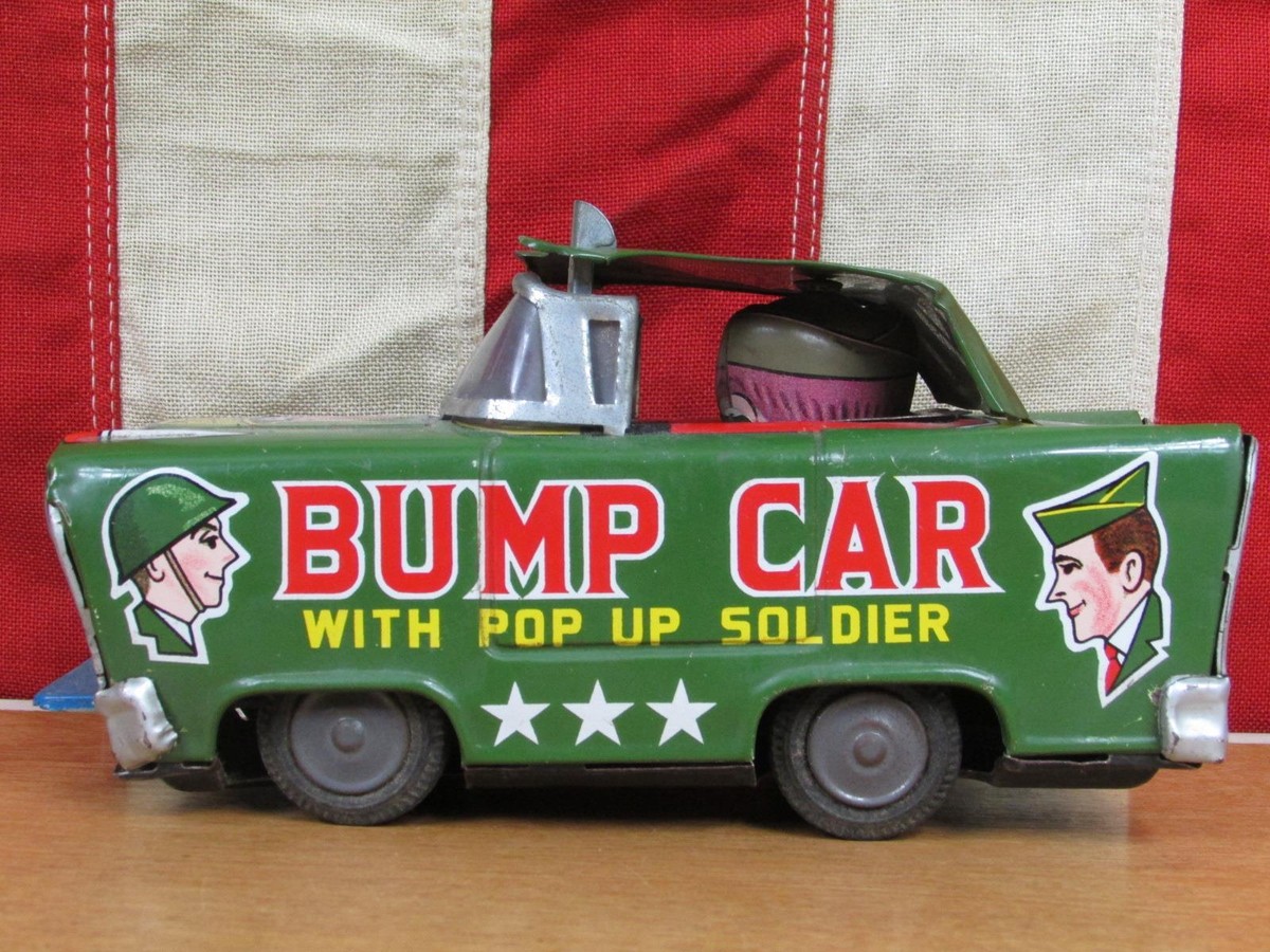 Vintage 1950s Bump Car Pop Up Soldier Wakasuto Boeki Tin Friction