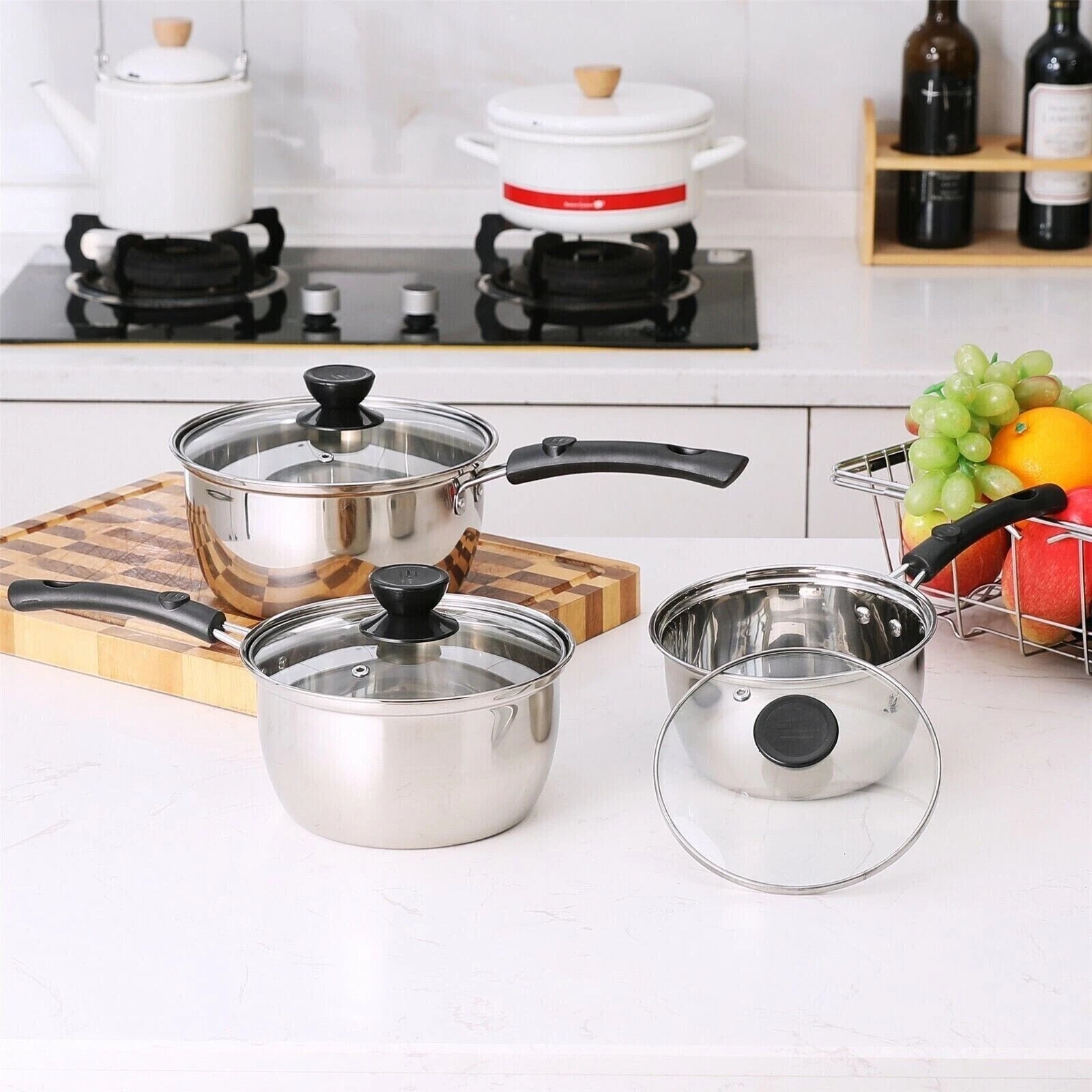 3Pc Stainless Steel Non Stick Saucepans Cookware Cooking Pots Pan Set With Lids