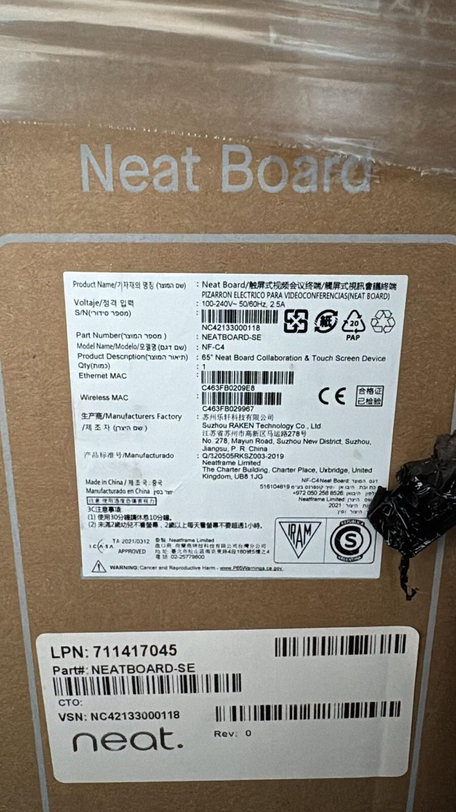 Neat Board 65" 4K Video Conferencing TouchScreen Monitor Whiteboard NEATBOARD-SE