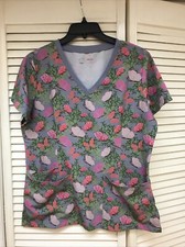 Women's Medium Short Sleeve Scrub Top Gray W/Butterflies, EUC 