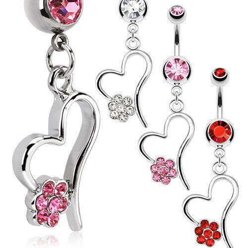 Gorgeous 1pc Hollow Heart w CZ 5 ☆ very popular Gem Paved Navel Flower Dangle Ring Belly N