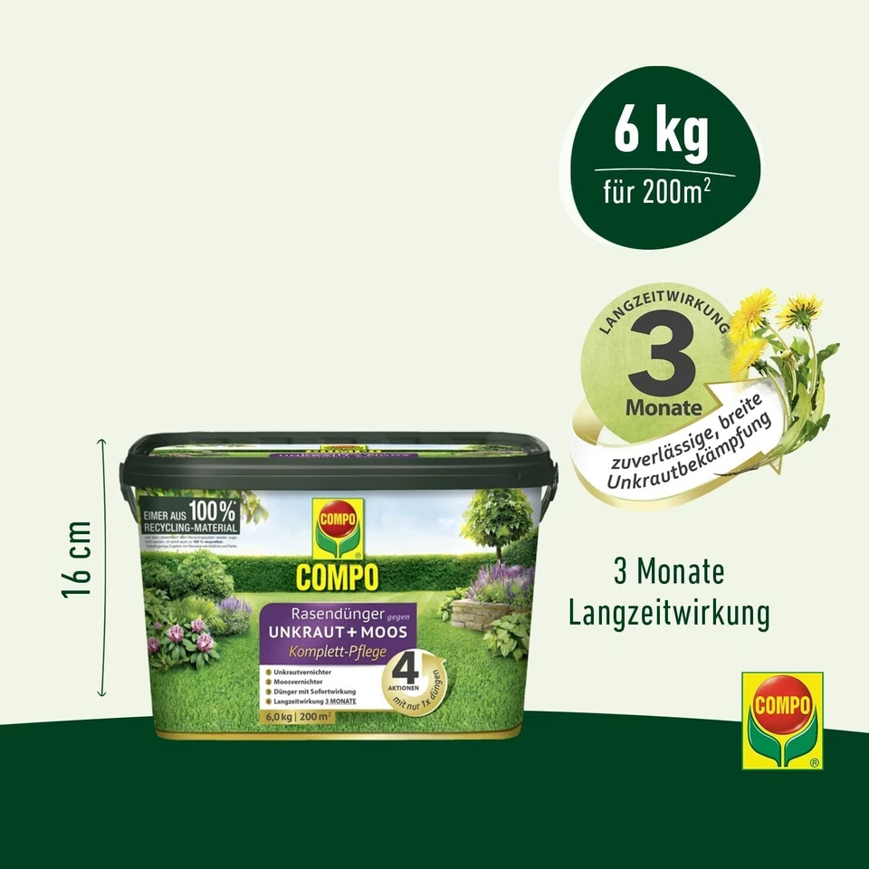 COMPO Rasendünger 6 kg, 200 m² gegen Unkraut + Moos Komplett-Pflege Langzeit - Bild 3 von 4