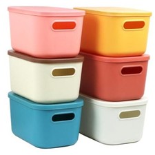 6Pcs Storage Bins with Lids, Stackable Plastic Organizer Bin Small 6 Color