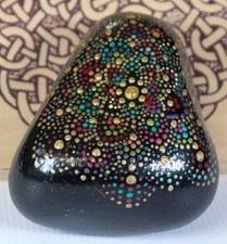 Mandala Painted Rock, Jewel Colors, 3-1/4"Wx4"H, Polyurethane Finish, Great Gift