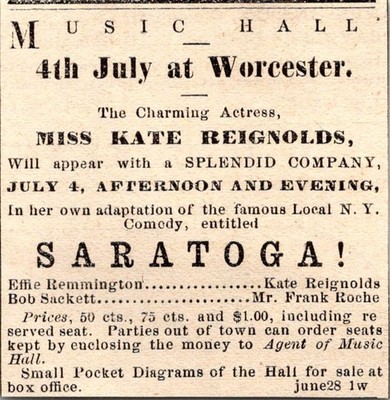 Music Hall Miss Kate Reighnolds Saratoga 1871 Worcester MA Clipping TAJ8-S59