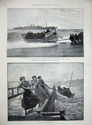 Alter antiker Druck Fischerboot 1892 Schiffswrack Deutscher Dampfer Eidergewicht 19.