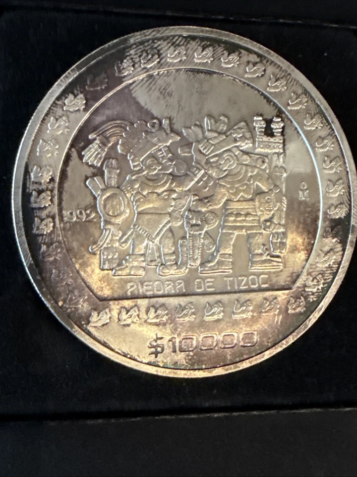 1992 Mexico 5 oz Silver $10,000 Piedra de Tizoc Coin Toned Aztec Design Treasure - Image 4 of 4