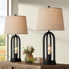 Marcel Industrial Table Lamps 24 1/4" Set of 2 Black USB Nightlight Burlap Shade
