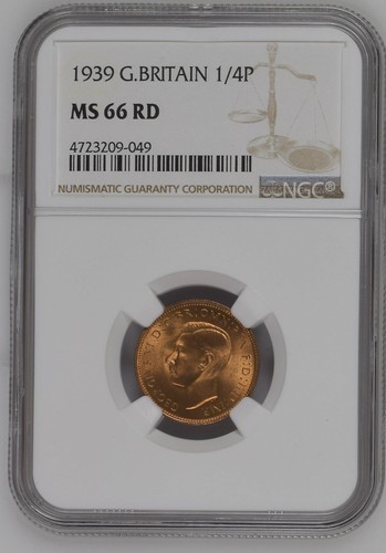 1939 Great Britain 1 Farthing NGC MS66 RD Red KM#843 Bronze George VI UNC