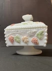 Vintage Westmoreland Milk Glass Hand Painted Grapes Leaves Pedestal Dish Lid
