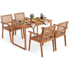 5PCS Acacia Wood Dining Set, Outdoor Table Rattan Chairs for Balcony, Poolside