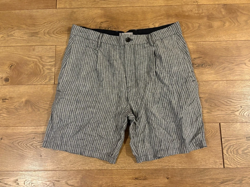 Conjunto de blazer y pantalones cortos de lino para hombre, rayas azul marino oscuro, talla grande, talla 34 corta, nuevo Foto 3 de 4