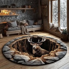 Deer Forest Round Rug 3D Illusion Mat, Rustic Cabin Wildlife Hunting Decor