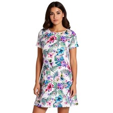Yelete Women Tropical Floral Hibiscus Print Dress White Small NWT