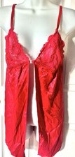 Fredericks of Hollywood Red Satin Lingerie Negligee Dress Heart/Leaf Lace Sz M