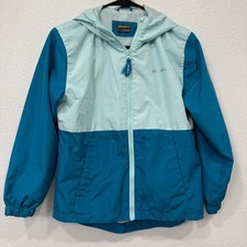 Eddie Bauer Kids Colorblock Hooded Rain Jacket Teal Aqua Lightweight Size M