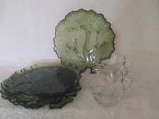 Vintage Hazel Atlas Set of 4 green Tree of Life snacks sets w/cups EUC Hv 3 sets