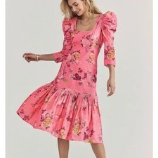 LoveShackFancy Ellington Midi Dress Floral Square Neck Puff Sleeve, Size 00