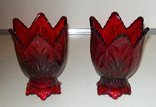 Set 2 Fenton Ruby Red Glass Reversible Tulip Votive Taper Candle Holders 4" T