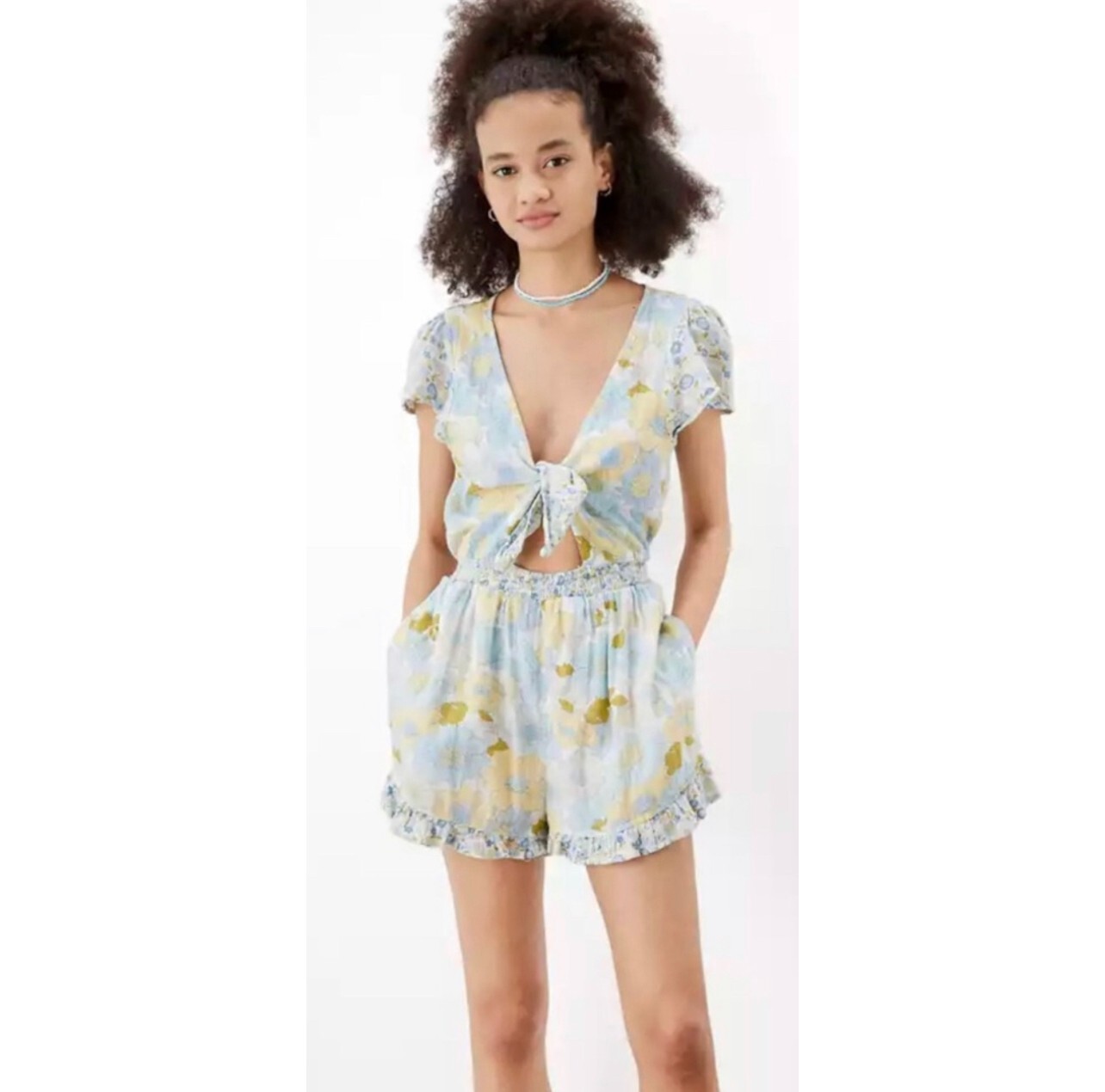 AMERICAN EAGLE Yellow Blue Floral Tie Front Short Sleeve Romper Size S