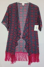 LuLaRoe Monroe Kimono Sz Small Teal/Fuchsia Geometric Pattern Fringe NWT ZQ 