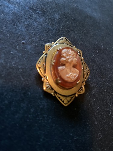 Vintage Zelluloid Kamee Pin Kunst Kamee goldfarben Rahmen frühes Kostüm Schmuck - Bild 3 von 8