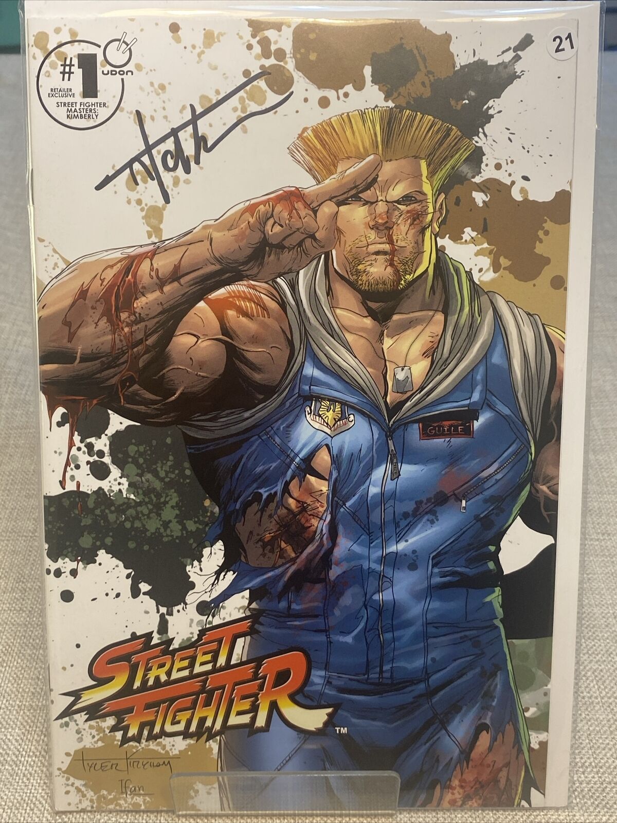 STREET FIGHTER OMEGA #1 GUILE BATTLE DAMAGE SIGNED by TYLER KIRKHAM with COA NM
