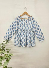 Ethnic Hand Block Printed Pure Cotton Long Tunic Top/Kurti For Women Blue