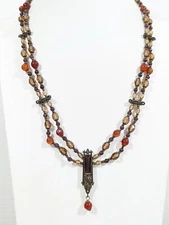 Tribal Western Bronze Tone Orange Glass Bead Statement Necklace 19 in