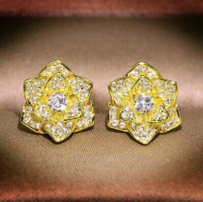 2Ct Lab Created Round Diamond Flower Stud Earrings Solid 14K Yellow Gold Over