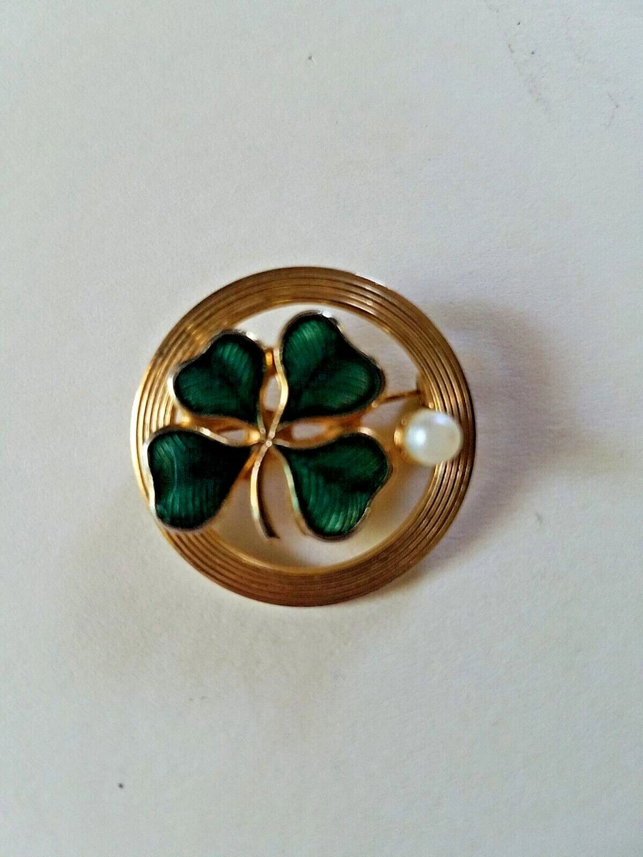 Vintage Shamrock Brooch Pin Round Gold Tone Green Enamel Faux Pearl