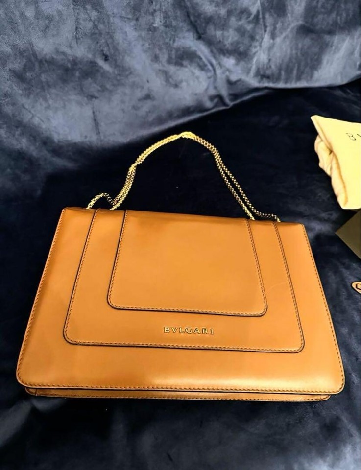 BVLGARI Serpenti Forever Square Shoulder Bag Leather Brown w/Mirror