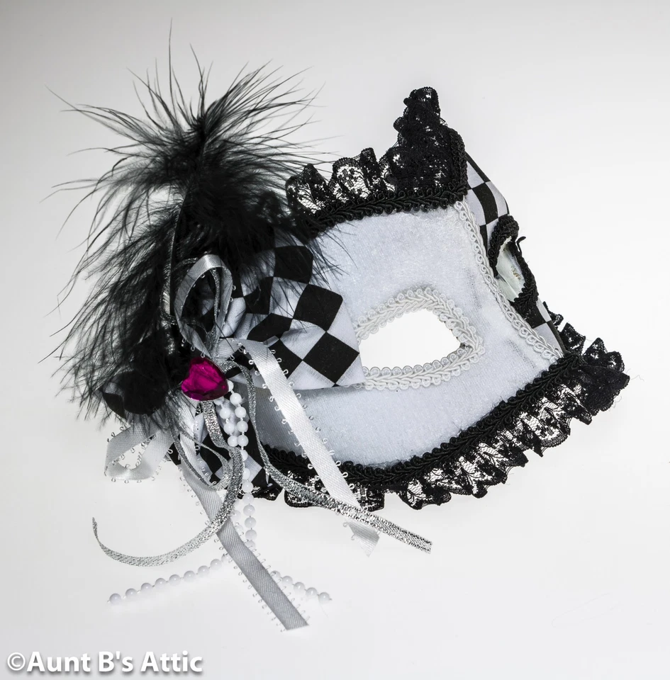 Mardi Gras Mask Blk. & Wht. Harlequin Style Fabric Eye Mask With Feathers & Lace - Image 2 of 2