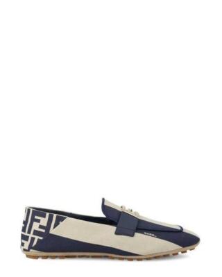 FENDI Baguette FF Logo Canvas Pequin Stripes Flat Loafers Moccasin