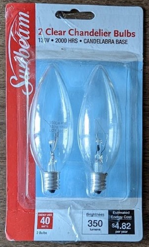 Sunbeam 2 Clear Chandelier Bulbs Candelabra Base 40W 130V Indoor Outdoor NOB