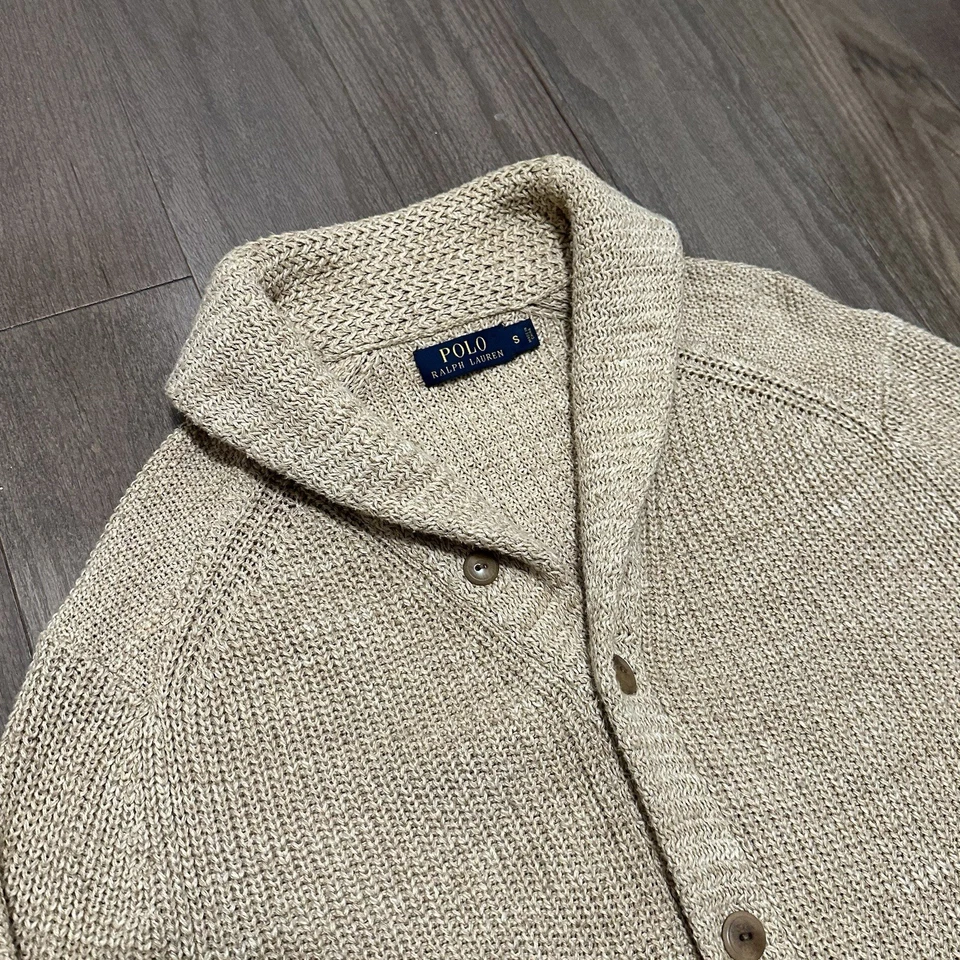 Cardigã Polo Ralph Lauren bege cáqui xale colarinho suéter algodão linho pequeno RRL - Imagem 2 de 4