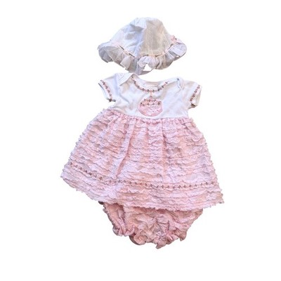 My Baby's Closet Girls 12M Pink Ruffle 1st Birthday Dress Bloomers Bonnet 3pc