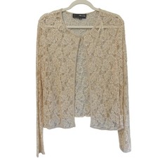 VTG Ivory Lace Beaded Open Front Cardigan Sheer Bolero Womens 12 Wedding Event