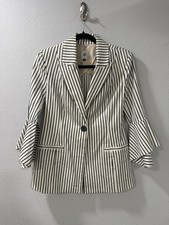 CABI Womens Striped Blazer Jacket White  Navy Blue Bell Sleeve Blazer Sz 2 Work