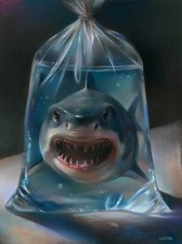 original drawing 18 x 24 cm 37KzO artwork pastel modern shark in a bag